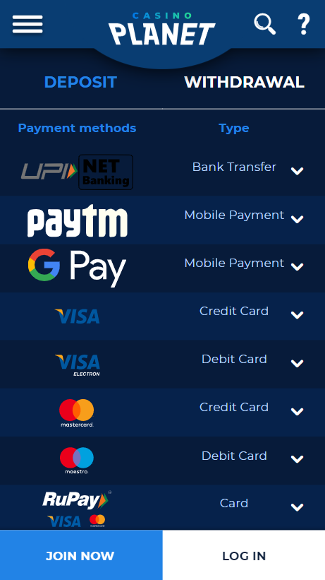 Casino Planet India Payment Methods