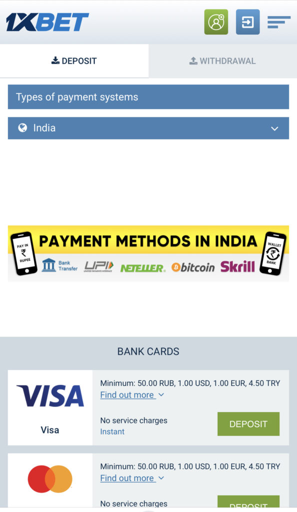 1xBet Payment Methods India
