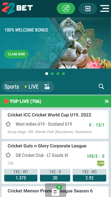 22bet india sports betting homepage