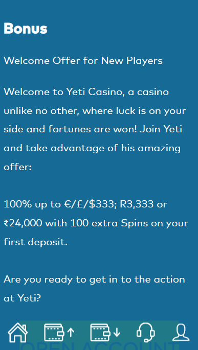 Yeti casino bonus India