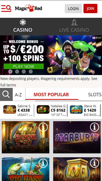 Magic Red Casino homepage bonus