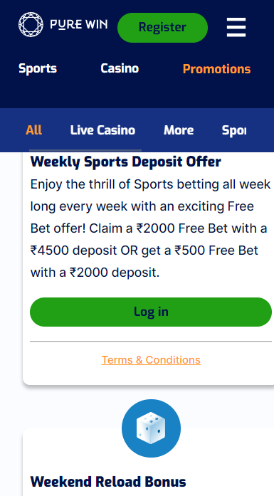 Pure Win casino India welcome bonus
