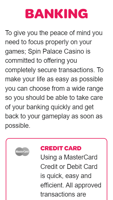 Spin Palace casino payment methods